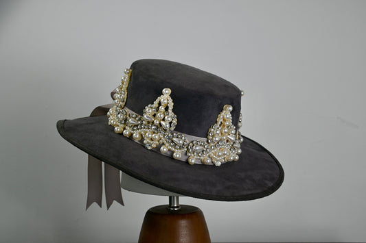 Pearl Embellished Wide Brim Hat
