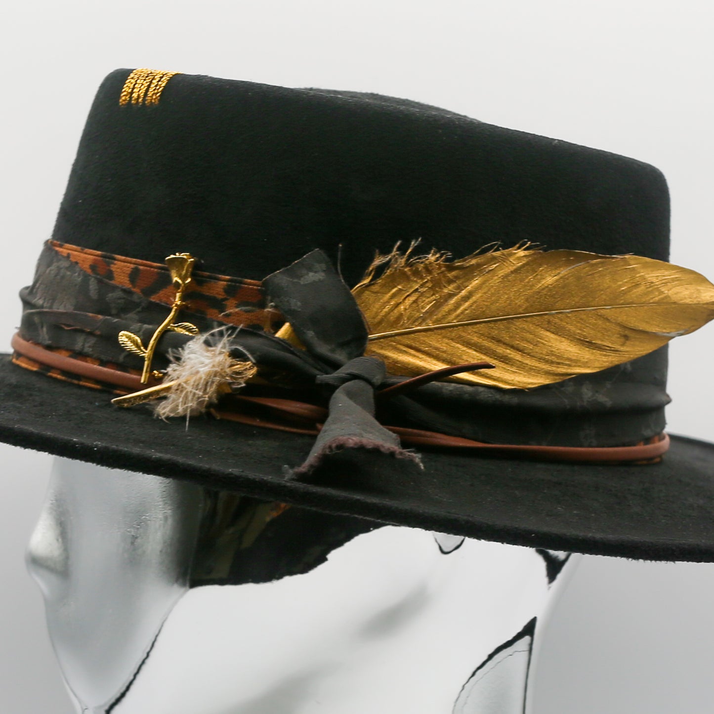 Rose and Gold Feather Wide Brim Hat - Black