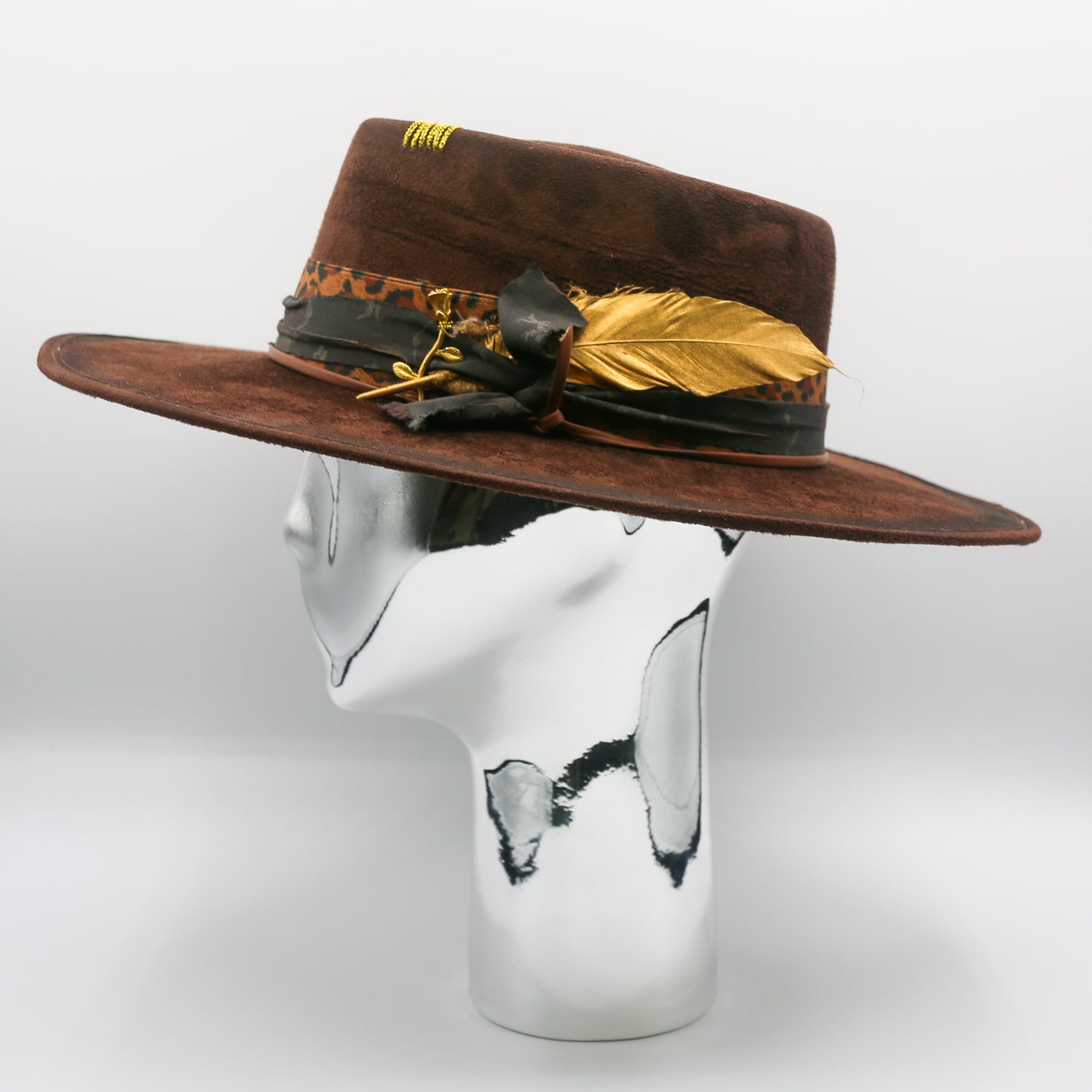 Rose and Gold Feather Wide Brim Hat - Tan