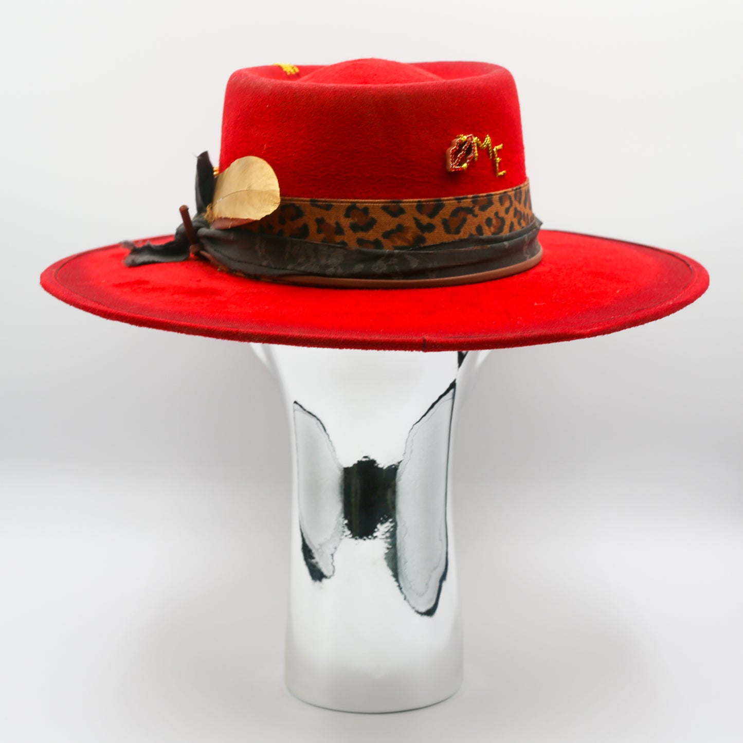 Rose and Gold Feather Wide Brim Hat - Scarlet