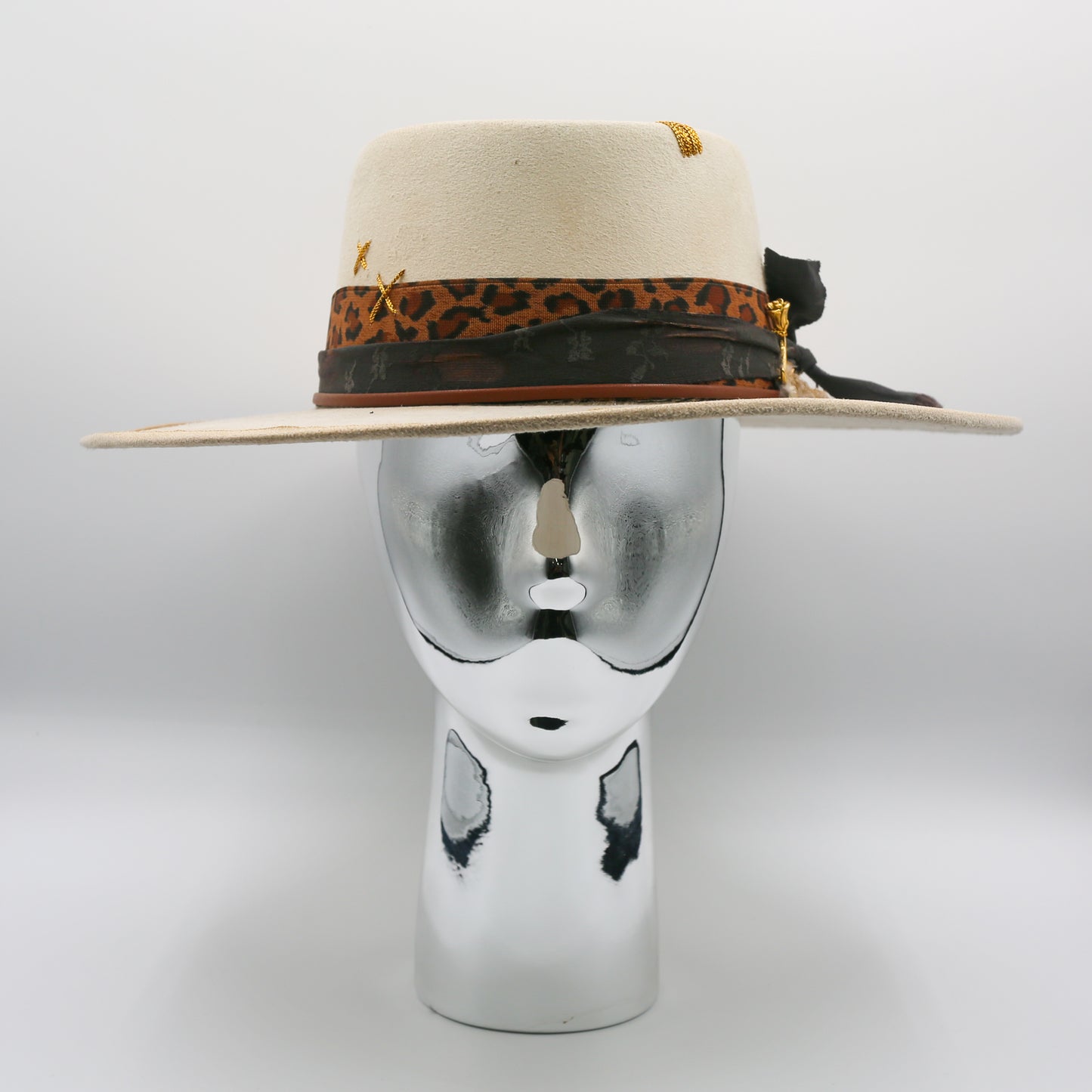Rose and Gold Feather Wide Brim Hat - Cream