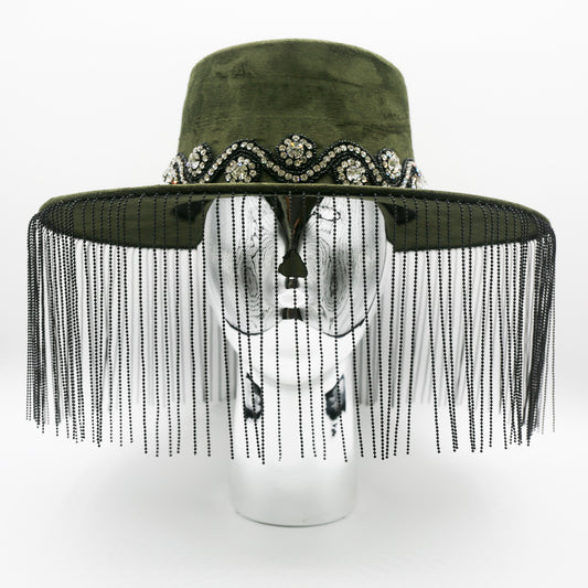 Parisa Metal Fringe Hat- Olive