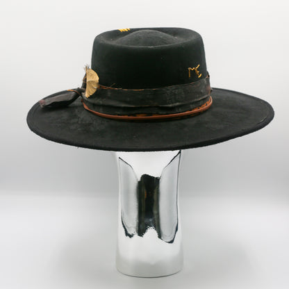 Rose and Gold Feather Wide Brim Hat - Black